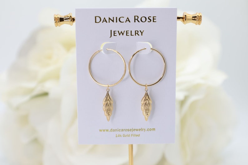 Leaf Earrings Gold Hoop Earrings Daily Earrings Nature Jewelry Nature Earrings Gold Filled Dangling Earrings