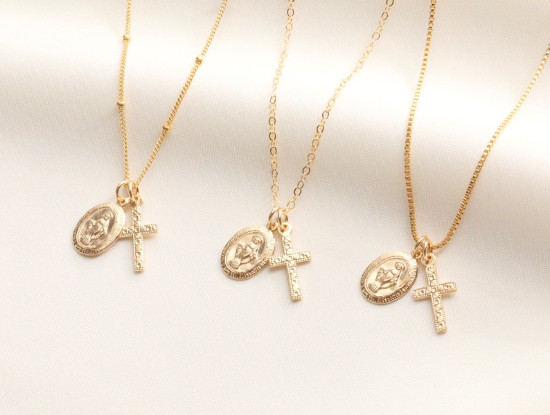Tiny Virgin Mary With Cross Necklace / Religious Necklace / Gold Necklace with Cross / Catholic  / Virgin Mary / Medallion / 14k Gold Filled 