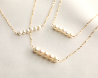 Pearl Row Necklace, 14k Gold Fill Necklace, Minimal Pearl Necklace, Dainty Pearl Necklace, Bridal Necklace, Bridesmaids Necklace