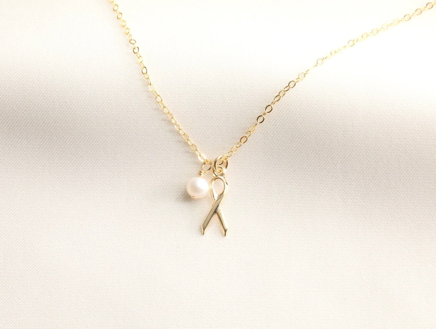 Gold Filled Breast Cancer Ribbon Necklace Awareness Necklace Etsy