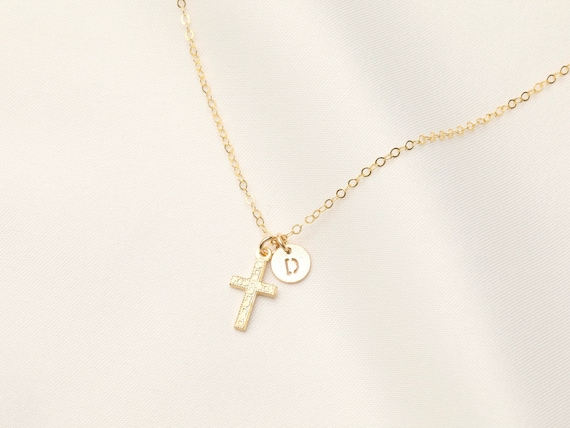 14k Gold Filled Tiny Cross With Initial Necklace / Miraculous - Etsy