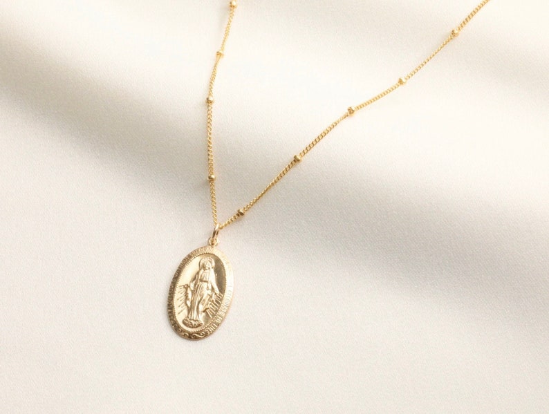 14k Gold Filled Virgin Mary Oval Necklace / Religious Necklace / Miraculous Medal / Catholic Necklace / Protection Necklace / Catholic Gift image 1