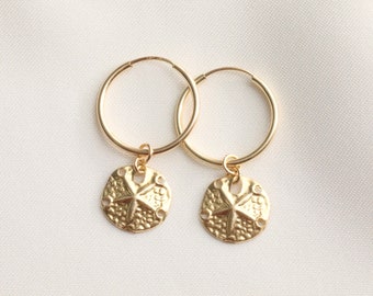 14k Gold Filled Sand Dollar Hoop Earrings: Beach Wedding Jewelry