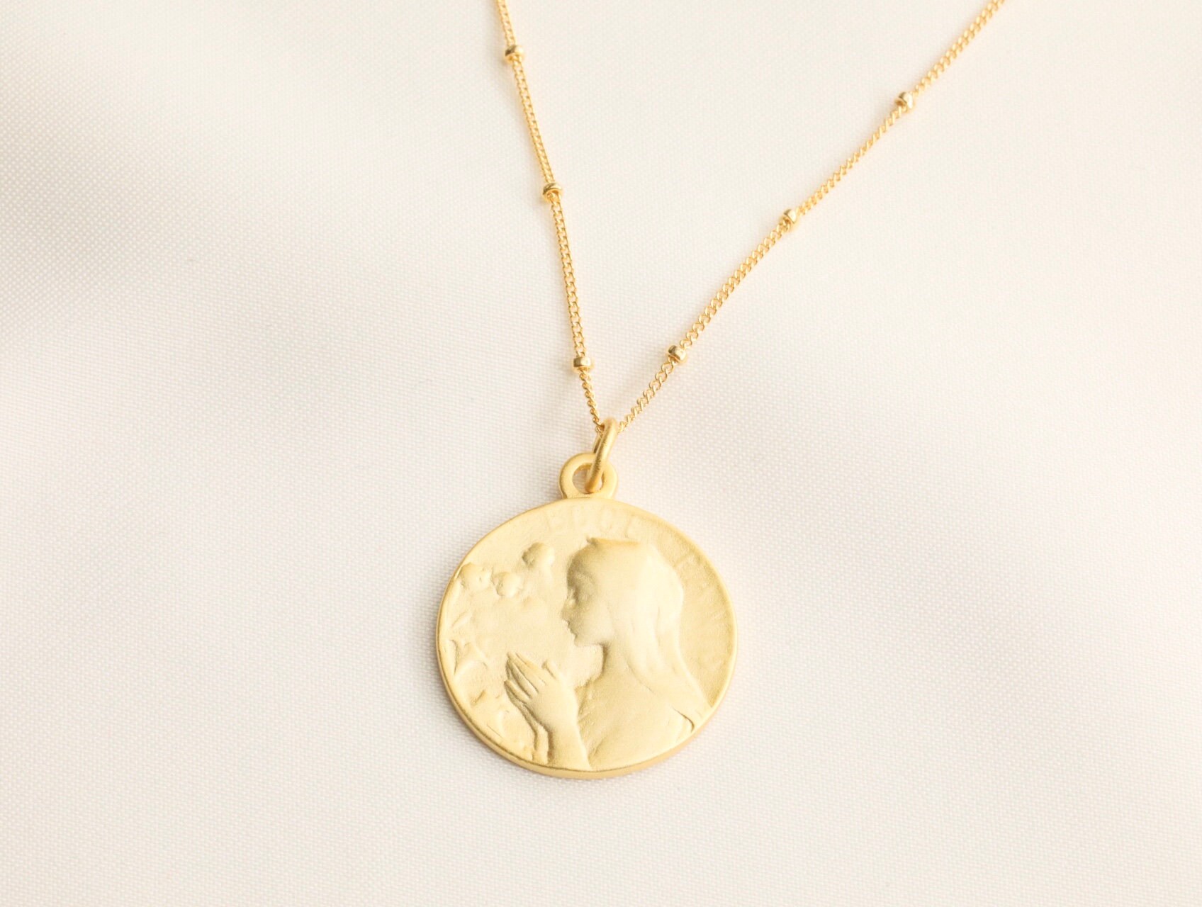 Guadalupe Dame Maria Necklace  Coin Necklace  Religious Jewelry  Miraculous Necklace   Pray Necklace  Medallion Necklace  Matte Finish