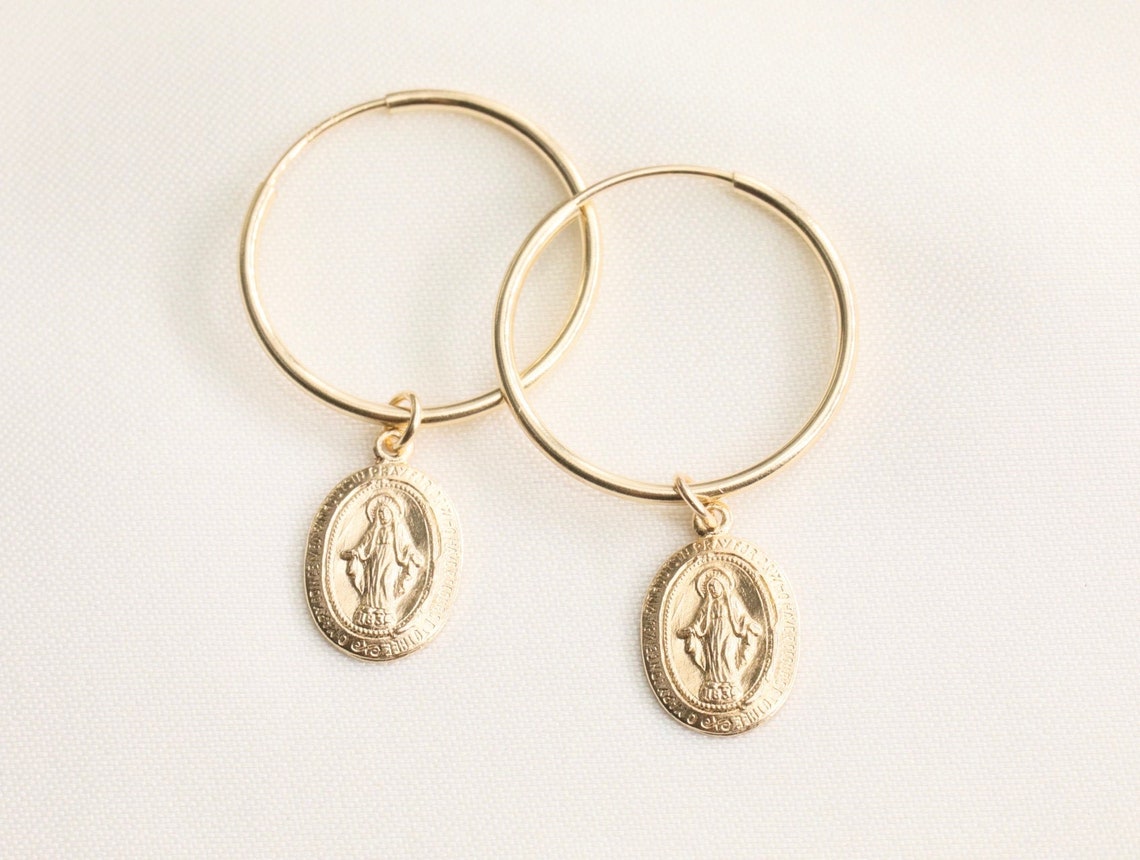 Virgin Mary Hoop Earrings / Dainty Religious Earrings / Etsy