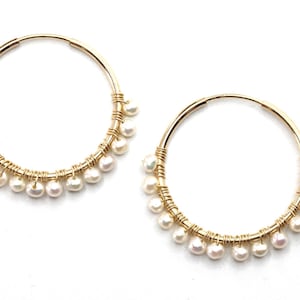 14k Gold Filled Classic Pearl Gold Earrings Hoops, Classic Pearl Earrings, Pearl Gold Earrings, White Pearl Earrings, Bridesmaid Earrings
