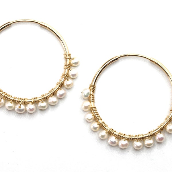 14k Gold Filled Classic Pearl Gold Earrings Hoops, Classic Pearl Earrings, Pearl Gold Earrings, White Pearl Earrings, Bridesmaid Earrings