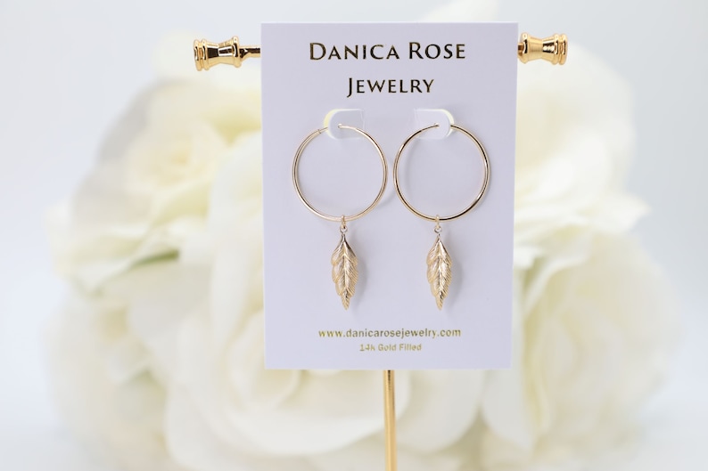 Leaf Earrings Gold Hoop Earrings Daily Earrings Nature Jewelry Nature Earrings Gold Filled Dangling Earrings