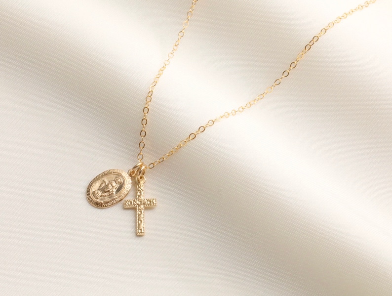 Tiny Virgin Mary With Cross Necklace / Religious Necklace / Gold Necklace with Cross / Catholic / Virgin Mary / Medallion / 14k Gold Filled Round Flat GF