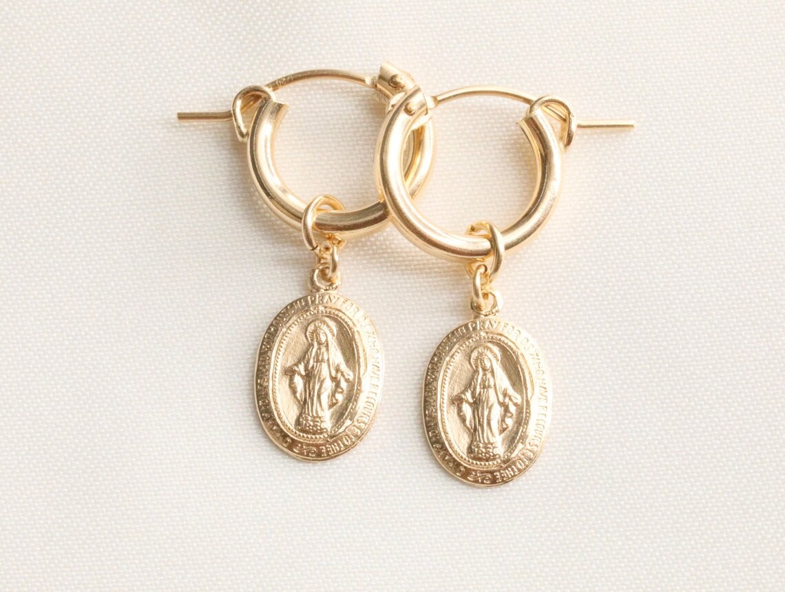 14k Gold Filled Virgin Mary Earrings Religious Earrings Etsy