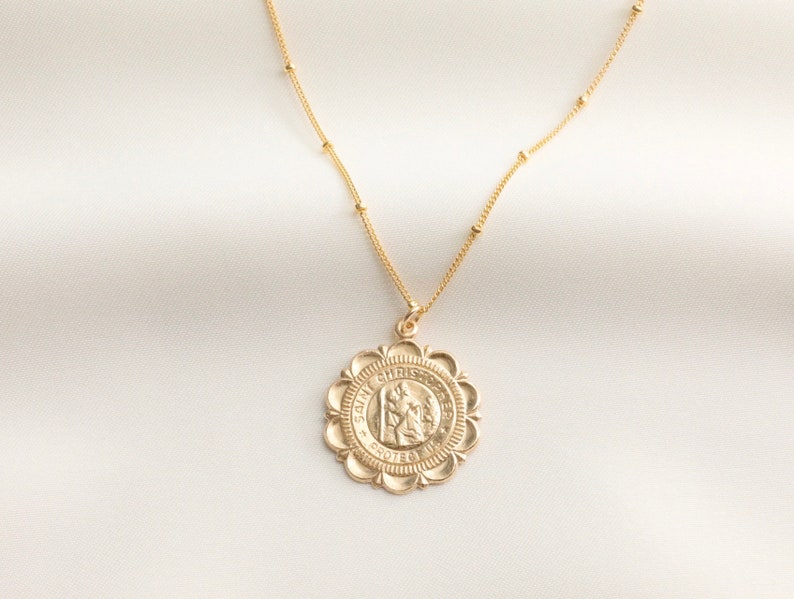 14k Gold Filled Saint Christopher Gold Medallion Pendant Necklace, Traveler's Protection, Coin Necklace, Religious Necklace, Gift For Women 