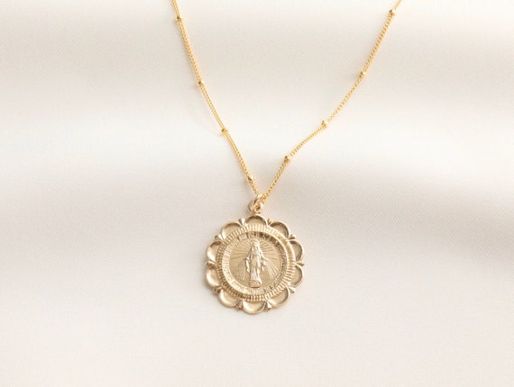 Floral Virgin Mary 14k Gold Filled Medallion Necklace