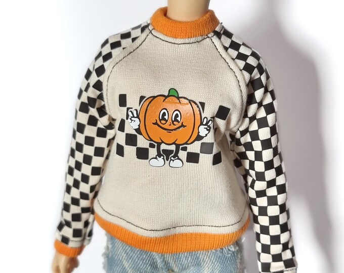 Pull sweat beige à carreaux avec citrouille - Minifée