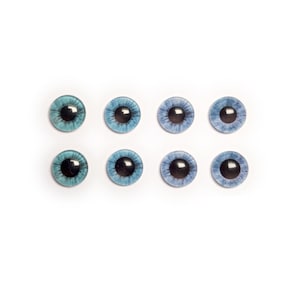Puede incluir: Ocho ojos de muñeca de plástico, cuatro azules y cuatro verde azulado, con pupilas negras.