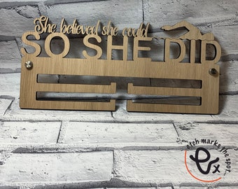 Wooden Swimming Medal Holder, She believed she could so she did, sports, personalised, wall, display, hanger, Oak Veneer, Wall mounted,