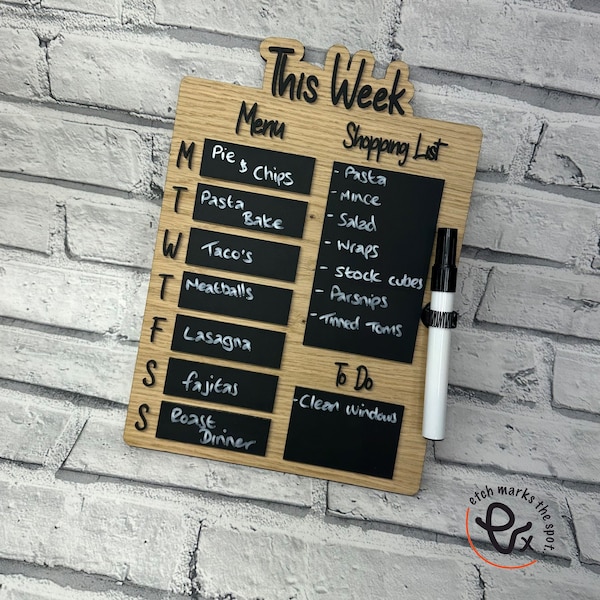 Weekly Meal Planner, Menu Board, Wipeable Meal Planner, Kitchen, Chalk, Wood, Oak, Magnetic, Shopping List, To Do, Decor, Budget,Black,White