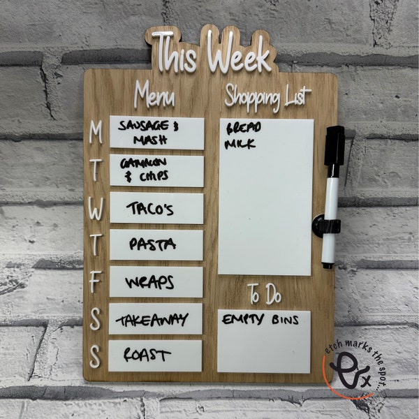 Weekly Meal Planner, Menu Board, Wipeable Meal Planner, Kitchen, Chalk, Wood, Oak, Magnetic, Shopping List, To Do, Decor, Budget,Black,White