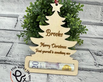 Personalised Christmas Tree Decoration: Engraved Wooden Money Holder
