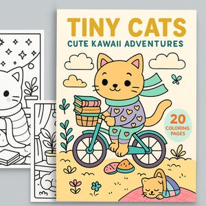 May include: A colouring book titled "Tiny Cats Cute Kawaii Adventures" with a cartoon cat riding a bicycle. The cover features a cat with a scarf, riding a bicycle with a basket of books. The book has 20 colouring pages.