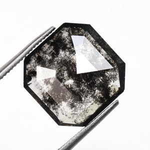 Könnte beinhalten: Ein facettierter, achteckiger Edelstein mit einem gesprenkelten Schwarz-Grau-Muster. Der Stein wird von einer silbernen Pinzette vor einem weißen Hintergrund gehalten. Die Facetten des Steins reflektieren das Licht.