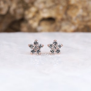 Diamond Stud Earring | Floral Earring Pair | Salt And Pepper Round Brilliant Cut Diamond Earring | Gold Stud Earring | Minimalist Earring