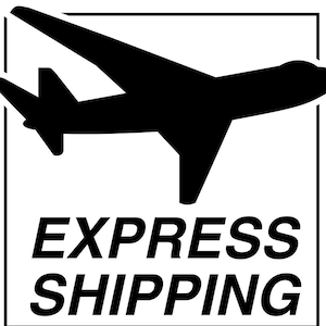 May include: Black and white silhouette of an airplane with the text "EXPRESS SHIPPING" below it.
