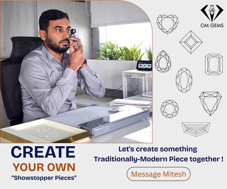 May include: A man in a gray shirt examines gemstones with a loupe. The image includes various gemstone shapes and the text "CREATE YOUR OWN 'Showstopper Pieces'" and "Let's create something Traditionally-Modern Piece together!" with a "Message Mitesh" button.