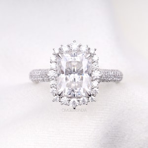 1.00CT Emerald Cut Moissanite Engagement Ring, Double Halo Wedding Ring For Women, Unique Band Emerald Cut Anniversary Ring Gift For Her.