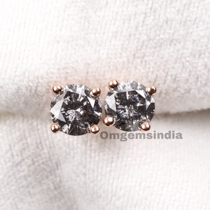 Ready to Ship Diamond Stud Earring | Salt And Pepper Round Brilliant Cut Solitaire Earring Rose Gold Stud Earring Minimalist Earring Gift