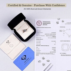 May include: A diamond ring in a black box, with a white pouch and a blue card. The ring has a square cushion modified brilliant cut. The diamond is 10.17 x 9.72 x 5.77 mm and weighs 5.03 carats.