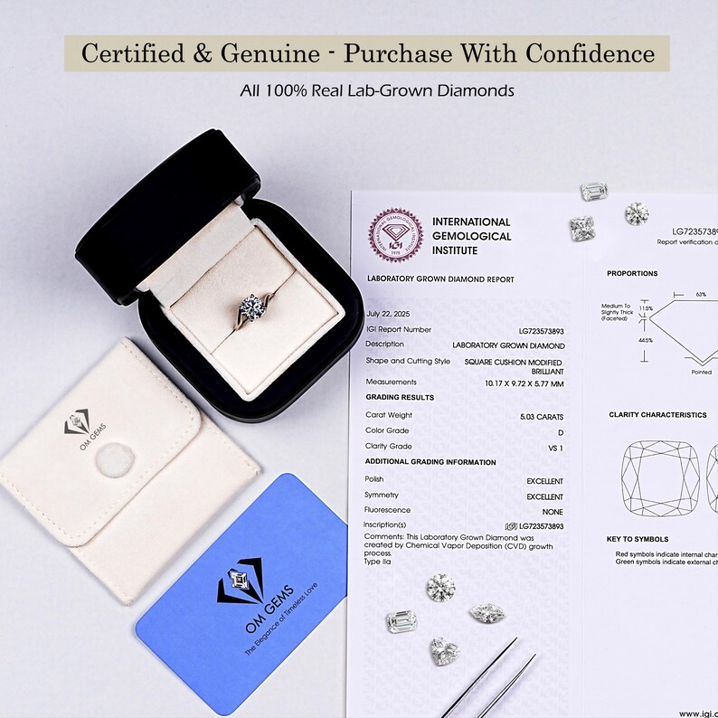 May include: A diamond ring in a black box, with a white pouch and a blue card. The ring has a square cushion modified brilliant cut. The diamond is 10.17 x 9.72 x 5.77 mm and weighs 5.03 carats.
