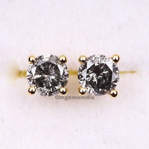 Diamond Stud Earring | Solitaire Earring Pair | Salt And Pepper Round Brilliant Cut Diamond Earring | Gold Stud Earring | Minimalist Earring
