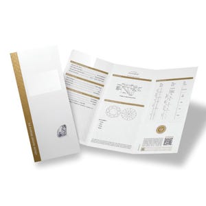 Può includere: Un rapporto di classificazione dei diamanti GIA bianco con dettagli dorati e un'illustrazione di diamante. Il rapporto è aperto, mostrando informazioni e diagrammi dettagliati. La copertina presenta un'immagine di diamante e il testo "GIA DIAMOND GRADING REPORT".