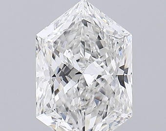 May include: A faceted, clear diamond with a unique hexagonal shape. The gemstone has a pointed top and a rectangular body, showcasing numerous reflective surfaces. The diamond is set against a neutral background, highlighting its brilliance.