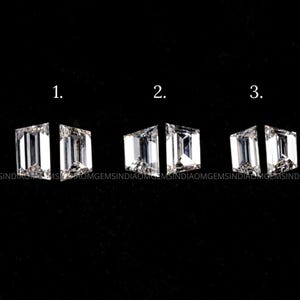 May include: Three pairs of emerald cut diamonds, labelled 1, 2, and 3. The diamonds are clear and have a rectangular shape.