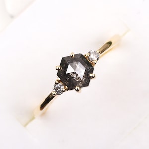 Three Stone Ring | Hexagon Salt And Pepper Diamond Ring | Solid Gold Ring | Engagement Ring | Wedding Ring | Bridal Ring For Women | OMJ0052