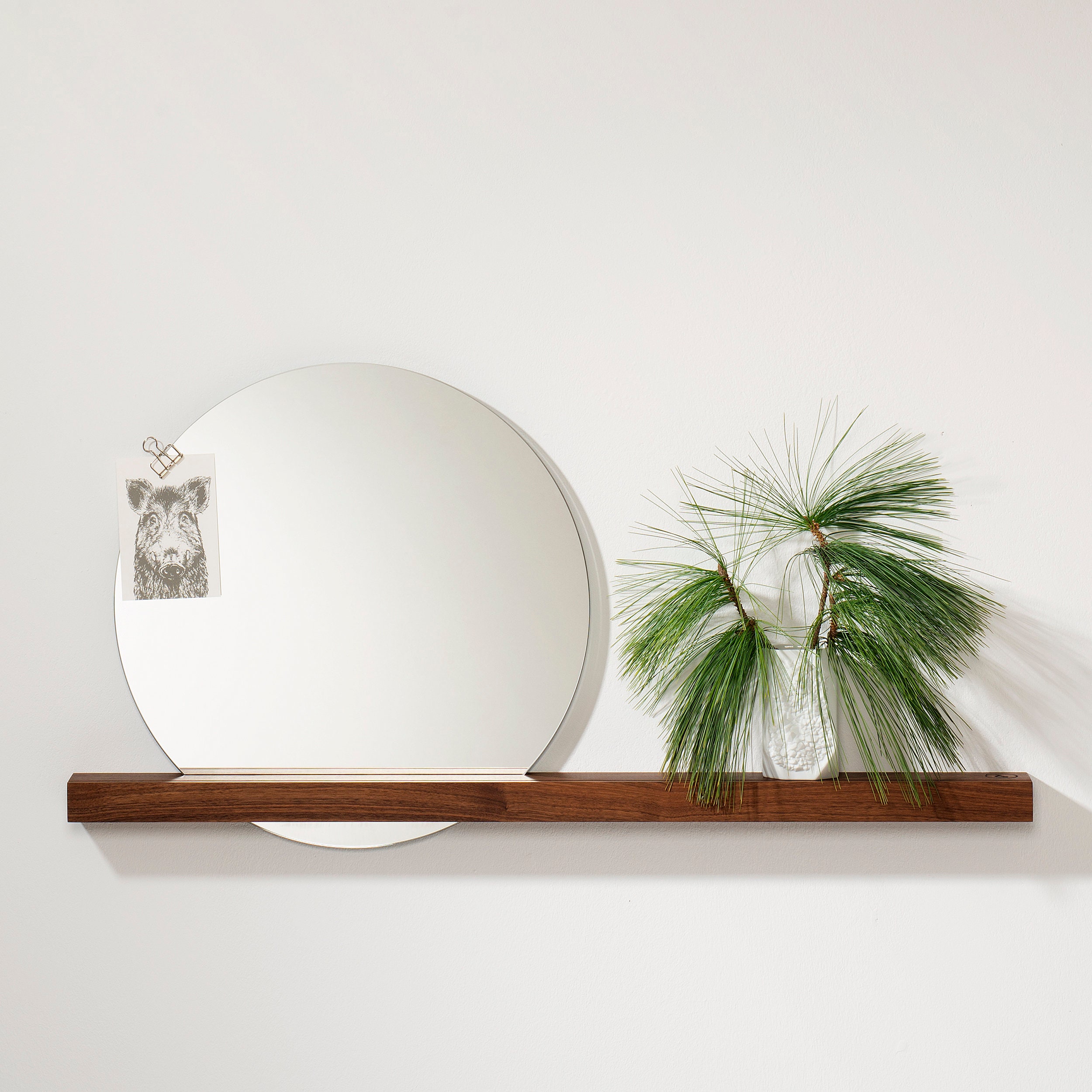 Accent plus round wooden outlet mirror with shelf