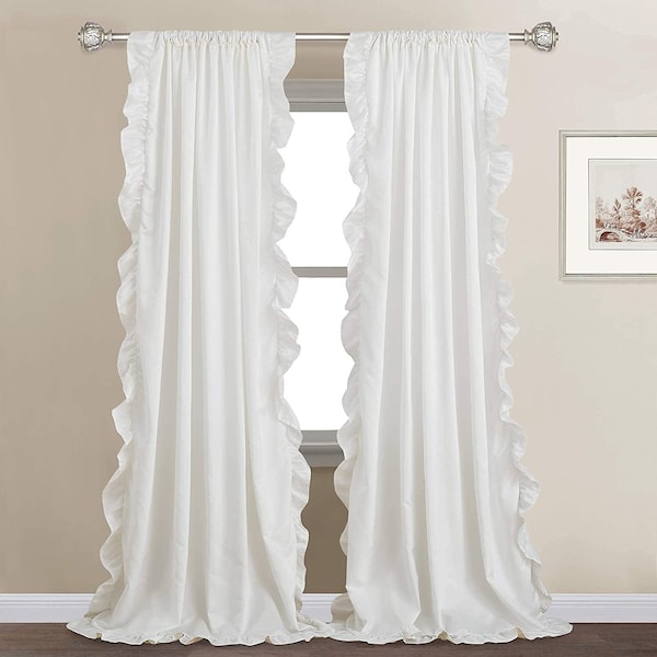 White Ruffle Curtains Bedroom 100%  Cotton Long 2 Pannel Cotton Drapes, Home Privacy Decor  RuffleSheers, Window Treatment