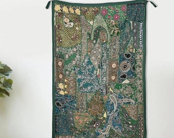 New Cotton Green Sari Patchwork Tapestry, Indian Handmade Threads And Stars Made Cotton Wall Decor Wall Hanging