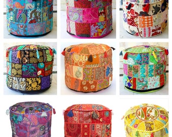 Housse de pouf ottoman en patchwork indien, oreillers de sol ronds, housse de coussin de sol, housse de pouf vintage Boho, housse de pouf, sac de haricots, poufs assis