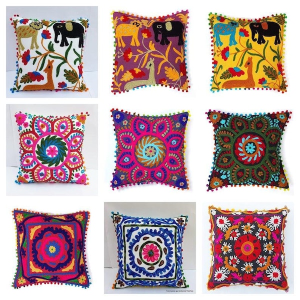 Todos los tamaños Suzani Colorful Cushion Cover 16x16-18x18-20x20-22x22-24x24 pulgadas funda de cojín bordado Funda de almohada Funda de cojín mexicano