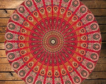 Nappe ronde paon rouge Nappe mandala en tissu plume de paon 100% coton Nappe de cuisine Boho Roundie