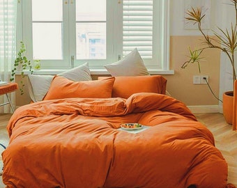 Bohemian Queen, King Bedding Set, Orange Bed set, Indian Solid color Burnt Orange Duvet Cover 100% Cotton Comforter Plain duvets