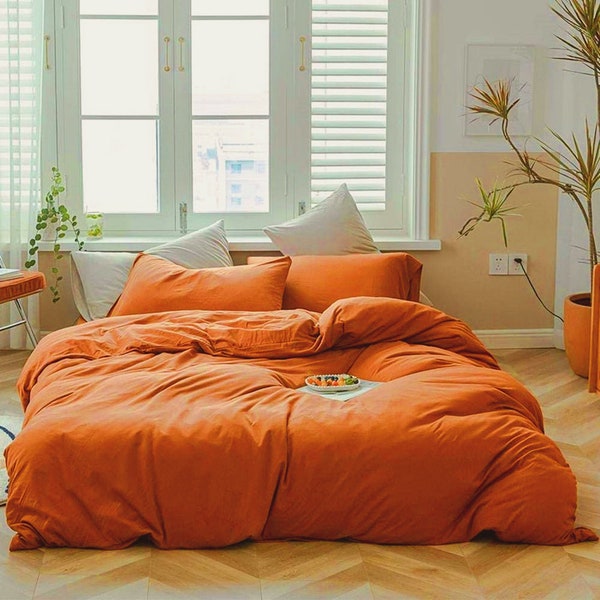 Boho-Königin- und King-Size-Bettwäsche-Set, orangefarbenes Bettset, indische einfarbige gebrannte orangefarbene Bettdecke, 100 % Baumwolle, Bettdecke, schlichte Bettdecken