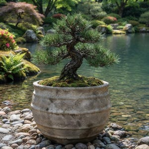 Puede incluir: Un pequeño bonsái de pino con un tronco marrón oscuro texturizado y agujas de color verde vibrante, plantado en una maceta redonda de cerámica beige desgastada con crestas horizontales. La base del árbol está cubierta de musgo verde y tierra.