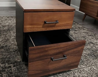 Walnut File Cabinet | 2 Drawer Rolling Filing Cabinet | Solid Wood Home Office Storage | Mobile Desk Organizer | Letter Size File Cabinet