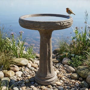 Concrete Birdbath | 27 Inch Tall Heavy Duty Stone Bird Bath | 2-Piece Pedestal Birdbath | Outdoor Garden Yard Patio Decor