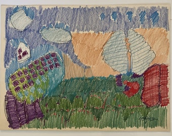 Fantasy Landscape Abstract Drawing in Prismacolor Pencil- Original Signed Art