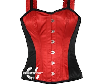 Red And Black Satin Corset With Shoulder Strap Overbust Top