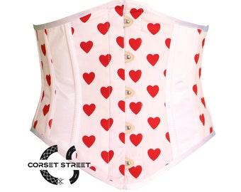 White Satin Heart Print Corset Gothic Sexy Underbust Costume Waspie Top